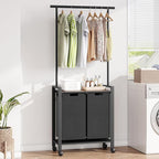 2 Laundry Hamper Sorter with Wheel/Lockable, Laundry Room Organization With Shelf, 42" Hanging Rack+12" Extendable Rod, Laundry Basket for Balcony, Cloakroom