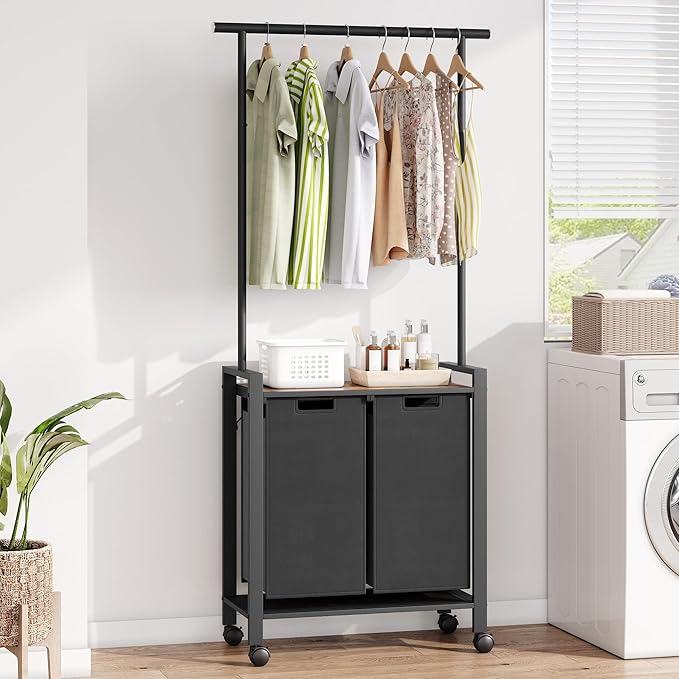 Laundry Basket With Wheels, Wood Shelf, Laundry Sorter With Retractable Hanging Bar, Laundry Hamper 2 Section, 2 × 13 Gal (49.2 L), Rolling Laundry Hamper With Hanging Rack For Laundry Room