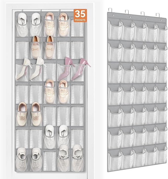 FENTEC 35 Large Pockets Over The Door Shoe Organizer, Mesh Hanging Shoe Organizer Shoe Rack for Closet Mesh Closet Shoe Holder, Over Door Organizer, Shoe Organizer for Wall, Grey, 1 Pack