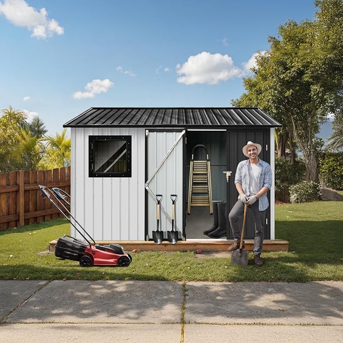 8' x 6' XL Outdoor Storage Shed, Sturdy Metal Building w/Floor and Operable Window for Garden, Backyard, Poolside and Lawn, White