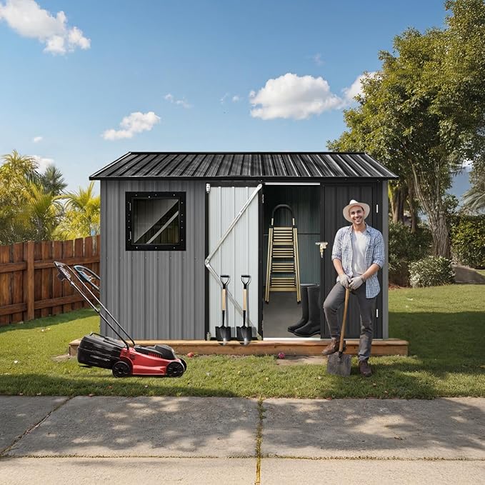 8' x 6' XL Outdoor Storage Shed, Sturdy Metal Building w/Floor and Operable Window for Garden, Backyard, Poolside and Lawn, Grey