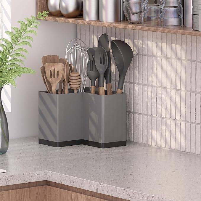 Suli Utensil holder, Kitchen Utensil Organizer for Corner Countertop,Extra Large Silverware Organizer with 3 Compartments,Farmhouse Decor, Iron, Grey