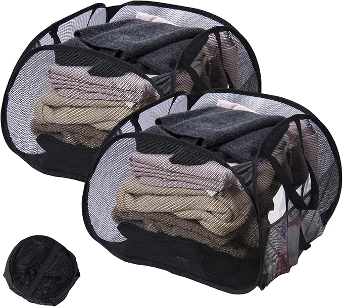 Collapsible Laundry Basket, 90L Foldable Pop-up Laundry Hamper with Handles, Mesh Dirty Clothes Hamper for Laundry, Bathroom, Kids Room, Dorm,Travel or Camping (Black, 2PCS)