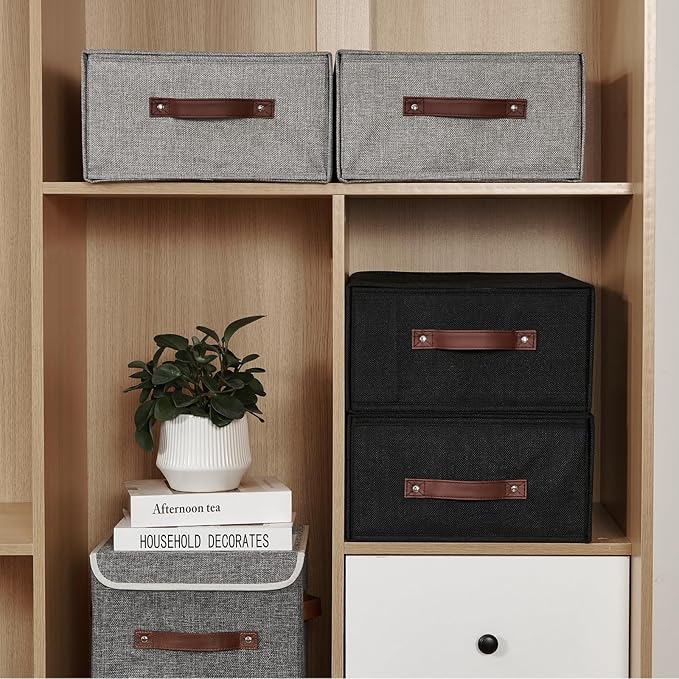 4PCS Closet Drawer Organizer Stackable Fabric Storage Boxes Bins Baskets with Lid PU Leather Handles Foldable Washable Cotton Linen Wardrobe Shelf Cloth Towels Container (Gray, Large)