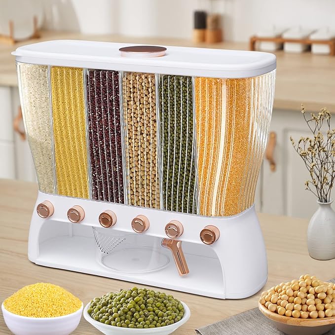 Dry Food Dispenser Wall Mounted 6 Grid Rice Dispenser Kitchen Storage