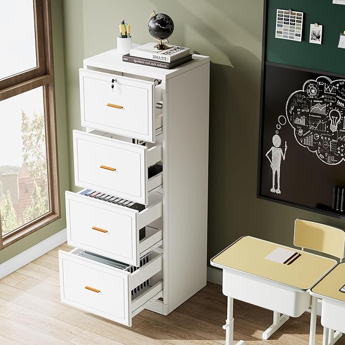Tribesigns 4-Drawer File Cabinet with Lock, Locked File Cabinet with Key, Tall Wooden Filing Cabinets for Home Office, Vertical Office Storage for Legal Size/Letter/A4/Files, White
