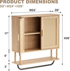 Rattan Bathroom Wall Cabinet with Towel Bar, Wall-Mounted Medicine Cabinet with Adjustable Wood Shelf & Doors, Over The Toilet Storage Cabinet for Laundry Room & Kitchen & Living Room