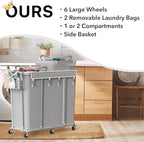 Simple Houseware Extra Large 2 Section Rolling Laundry Cart 265L (70 Gal) – Heavy Duty Hamper with 2 Removable Bags & 6 Smooth Wheels – Commercial Laundry Organizer for Home, Hotel, Dorm, Gym, Gray