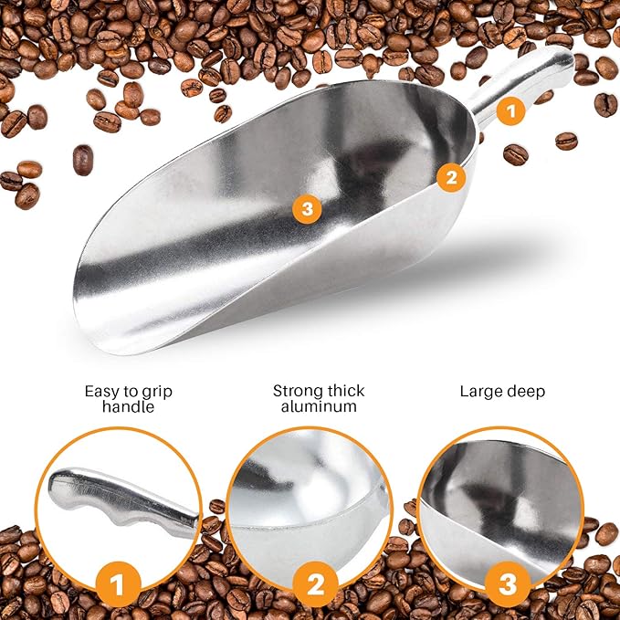 Cast Aluminum Utility Scoop, Round Bottom, ice scoop For Multi-Purpose Use, With Finger Groove Handle (85 oz)
