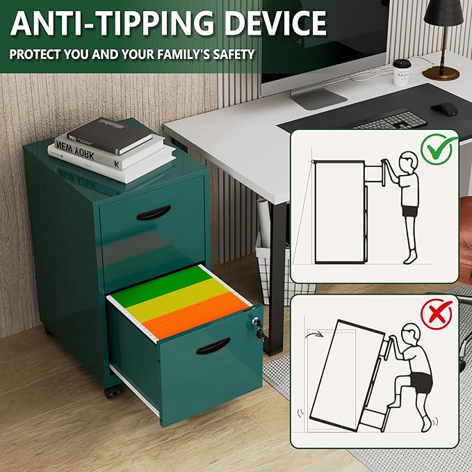 2 Drawer File Cabinet with Lock, Small Rolling Filing Cabinet for Home Office, Metal Mobile File Cabinets on Wheels, Under Desk Office Cabinets for Letter Size Folders - Assembly Required