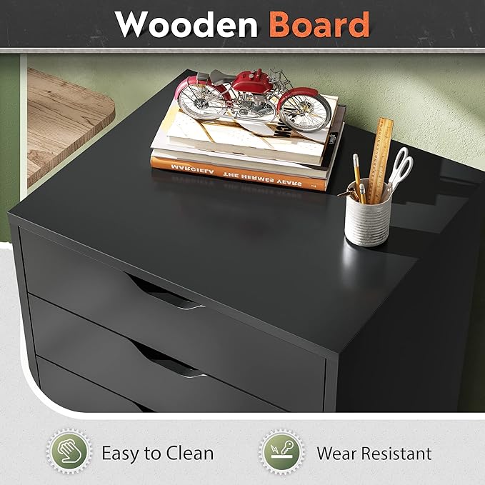 DEVAISE 7-Drawer Chest, Wood Drawer File Cabinet with Wheels, Black