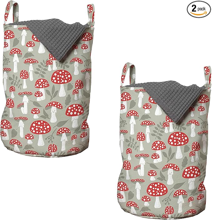 Ambesonne Cartoon Laundry Bag Pack of 2, Poisonous Amanita Mushroom Pattern with Foliage and Berry Silhouettes, Hamper Basket with Handles Drawstring Closure, 13" x 19", Pale Sage Green White