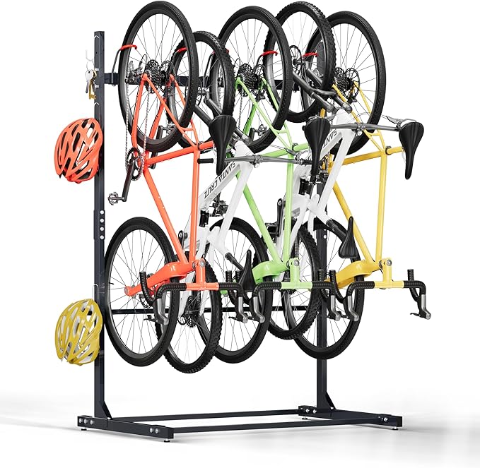 Freestanding 5 Bikes Stand w/Upgrade Hooks, 52" Heavy Duty Garage Vertical Storage Rack for Storage, Bike Floor Stand Indoor Outdoor Bicycle Organizer