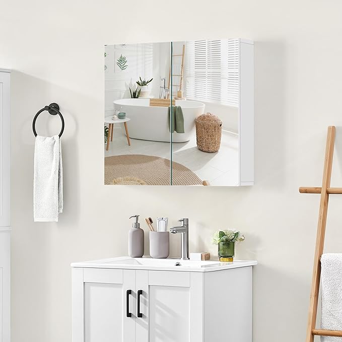 Yaheetech Bathroom Mirror Cabinet, Medicine Cabinet with 2 Frameless Mirrored Doors, Wall-Mounted Storage Cupboard with Adjustable Shelf for Living Room, Laundry Room, Mudroom