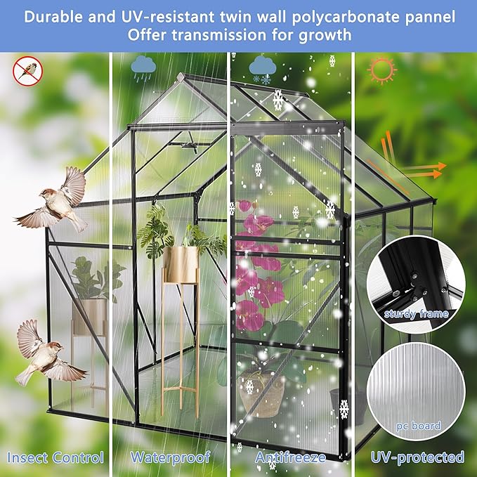 6X8FT Greenhouse for Outdoor, Polycarbonate Greenhouse with Raised Base and Anchor, Heavy-Duty Walk-in Green House with Adjustable Roof Vent and Gutter System for Patio,Backyard (Black, 6X8 FT)