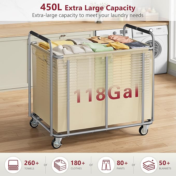 Tajsoon 450L Extra Large Laundry Basket with Wheels, Rolling Laundry Hamper with Handle, Heavy Duty Laundry Cart with Metal Frame, Commercial Laundry Sorter for Hotel, Bathroom, Bedroom, Khaki