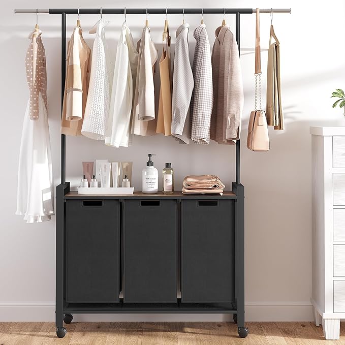 Laundry Sorter 3 Section With Extendable Hanging Bar, Heavy Duty Laundry Basket With Rolling Lockable Wheels And Shelf, Laundry Room Organization And Storage