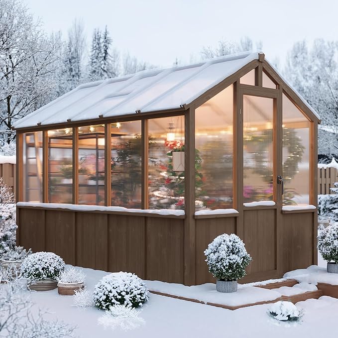 Heavy Duty Spruce Frame Wooden Greenhouse – Walk-in Outdoor Garden Outdoor Storage with Polycarbonate Panels, Adjustable Roof Vents, Lockable Door, Spacious Storage, Ideal for Patio, Lawn,