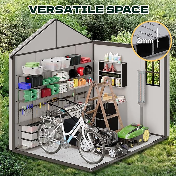8 x 6 FT Plastic Outdoor Storage Shed, All-Weather Resin Garden Shed with Floor, Lockable Doors & Windows, Plastic Tool Shed for Patio，Poolside, Backyard