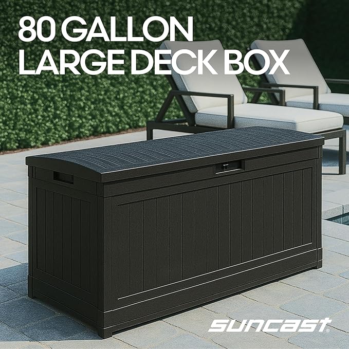 Suncast 80-Gal. Resin Large Outdoor Patio Deck Box with Pad-Lockable Lid, Modern Outdoor Patio Bench/Storage Box for Cushions, Garden Tools, and More, Iron Ore