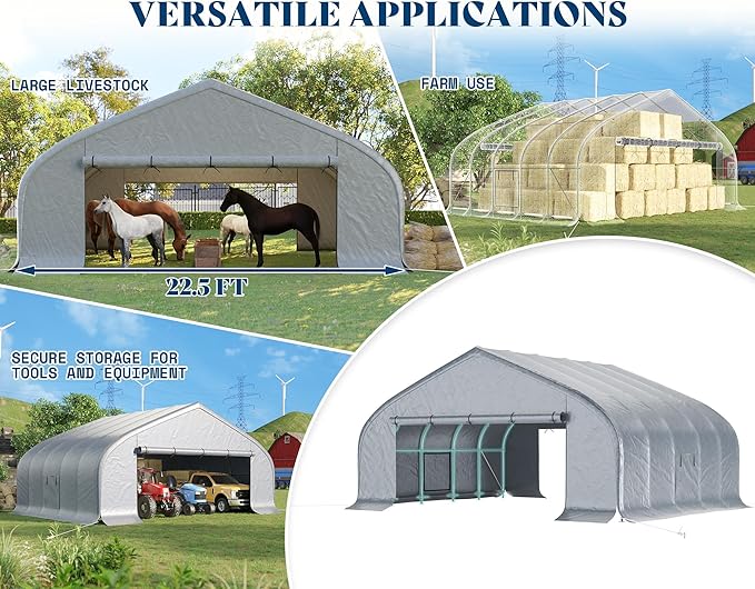 AMERLIFE 22.5 x 20 FT Enclosed Carport, Heavy Duty Garage with Waterproof Cover, UV Protection & Wind Resistant, Portable Carport for 2 Car, Boat Shelter & Farm Outdoor Storage, Silver
