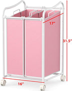 Simple Houseware 2-Bag Heavy Duty Rolling Laundry Sorter Cart, White/Pink – 2 Section Removable Bags and Lockable Wheels for Laundry Room Organization