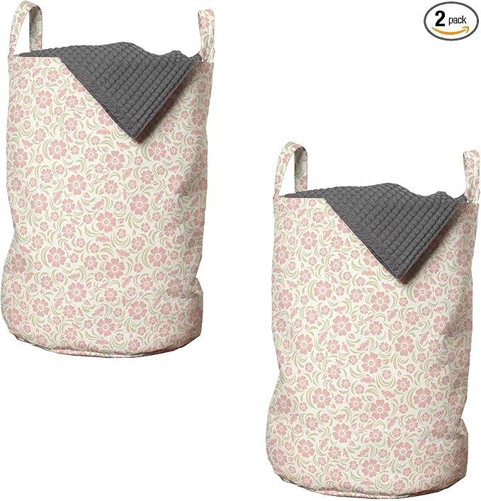 Ambesonne Flower Laundry Bag Pack of 2, Vintage Old Fashioned Floral Pattern Silhouettes Briar Shrubs Roses Retro, Hamper Basket with Handles Drawstring Closure, 13" x 19", Rose Pale Green White