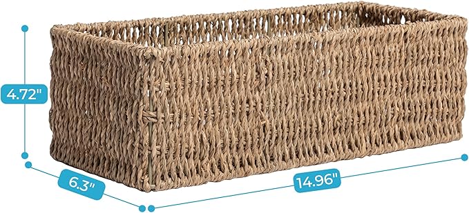 Seagrass Toilet Paper Storage Basket for Bathroom, Handwoven Natural Rattan Organizer for Countertop, Shelves & Vanity, Small Wicker Basket, 14.9"L x 6.3"W x 4.7"H