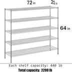 21" Deep x 72" Wide x 64" Height Wire Shelving Kit | 5-Tier | NSF Commercial Storage Rack Unit