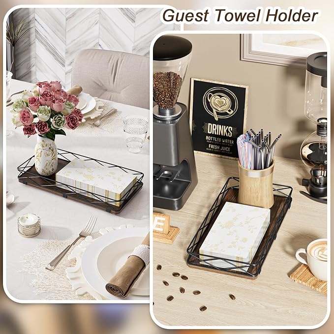 Toilet Paper Basket Holder, 13" Toilet Tank Tray, Wood and Metal Toilet Tray Vanity Organizer Bathroom Tray, Kitchen Sink Organizer for Soap Dispenser (Brown+Black)
