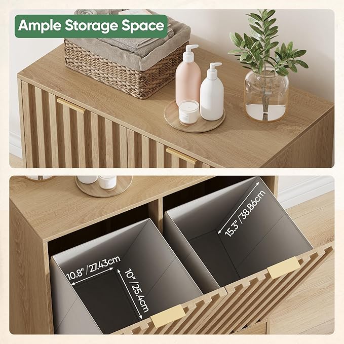 Double Tilt Out Laundry Hamper Cabinet, 11.8 Gallon Fluted Hidden Trash Cabinets with 2 Baskets for Bathroom Kitchen & Living Room, Freestanding Bathroom Storage Cabinet（Natural Oak）