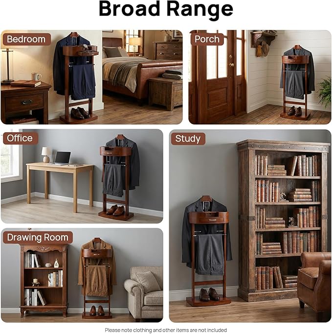 Wood Suit Rack, Freestanding Clothing Valet Stand, Wood Suit Valet Stand Clothes Rack with Tray and Drawer for Hats, Scarves, Bags, and Clothes for Bedroom, Living Room, Hallway, Apartment