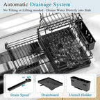 2 Tier Dish Drying Rack, Large Extendable Dish Racks for Kitchen Counter or Over Sink, Dishrack with Drainboard, 2-in-1 Anti-Rust Stainless Steel Dish Drainer with Utensil Holder & Cup Holder (Black)