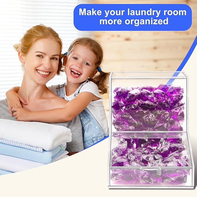 Laundry Pods Container with Spoon, Acrylic Candy Dispenser with 2 Lid, Dishwasher Pod Holder, Laundry Detergent Container, Laundry Organization for Laundry Room, kitchen, Office Used- Stand, 1pcs