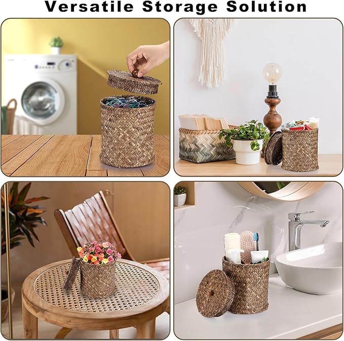 Sumnacon Wicker Laundry Pods Container with Lid, Natural Seagrass Pod Holder for Laundry Room Organization, Farmhouse Detergent Dispenser, Countertop Storage Basket Jars for Dryer Ball Laundry Sheets