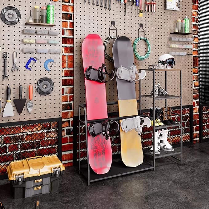 Freestanding Snowboard Rack - Stores 4 Pair Ski, 3 Pack Snowboard, Boot, Pole, Goggles, Helmet Rack for Garage, Shed, Basement