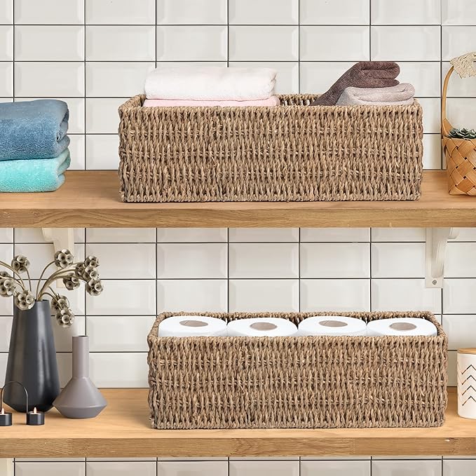 Seagrass Toilet Paper Storage Basket for Bathroom, Handwoven Natural Rattan Organizer for Countertop, Shelves & Vanity, Small Wicker Basket, 14.9"L x 6.3"W x 4.7"H