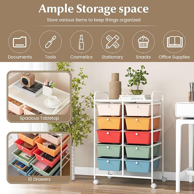 RELAX4LIFE Rolling Storage Cart with 10 Drawers - Craft Storage Cart with Lockable Wheels,Utility Cart, Art Cart Organizer for Crafting Storage, Studio, Office, Home, School Rolling Drawer Cart