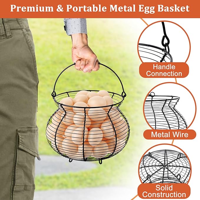 1 PCS Black Big Belly Wire Egg Baskets for Fresh Egg With Handle, Small Metal Wire Basket for Gathering Fresh Chicken and Duck Eggs, Hunting Basket Egg Holder Countertop