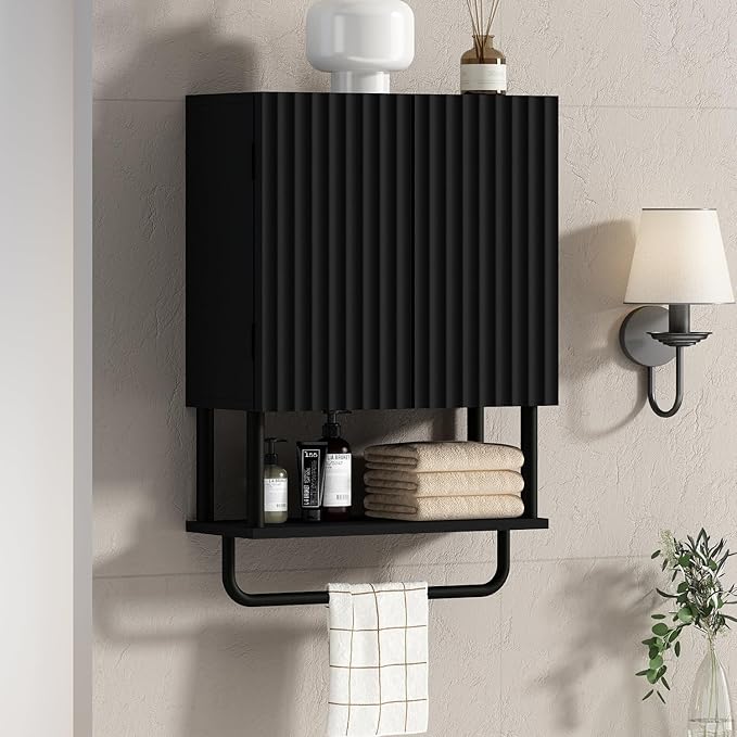 RUSTOWN Fluted Bathroom Wall Cabinet with 2 Doors, 3-Tier Modern Farmhouse Medicine Cabinet, Over The Toilet Storage Cabinet with Adjustable Shelf and Towel Bar(Black, Small)