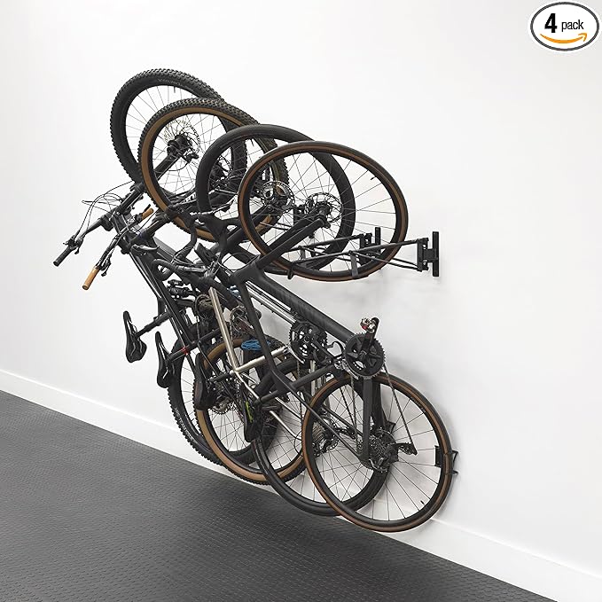 StoreYourBoard SwivelStow Bike Rack Garage Storage Rack 4 Pack - 2 MTB & 2 Road & Gravel Bike Wall Mounts - Heavy Duty Bike Hanger - No-Lift Bike Rack Garage Storage Rack - Holds 70 lb Capacity