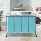 Laundry Sorter 4 Section, 4-Bag Heavy Duty Rolling Laundry Hamper Cart, Laundry Basket Organizer With Wheels and Removable Bags, Laundry Room Organization For Dirty Clothes Storage, BLUE
