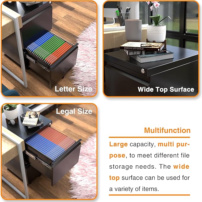 Aobabo 2 Drawer File Cabinet with Lock, Pre-Assembled Mobile Filing Cabinet Under Desk, Anti-Tilt Rolling Metal Office Storage for Letter and Legal Size, Black