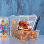 Candy Bin Topping Dispenser - Acrylic Bulk Sprinkle Container w/Scoop, Stackable & Magnetic for Multiple Holders on Shelf - Commercial Setting for Cereal, Nuts, Candies & Snack Food Storage
