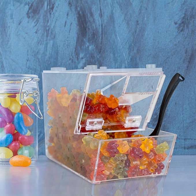 Candy Bin Topping Dispenser - Acrylic Bulk Sprinkle Container w/Scoop, Stackable & Magnetic for Multiple Holders on Shelf - Commercial Setting for Cereal, Nuts, Candies & Snack Food Storage