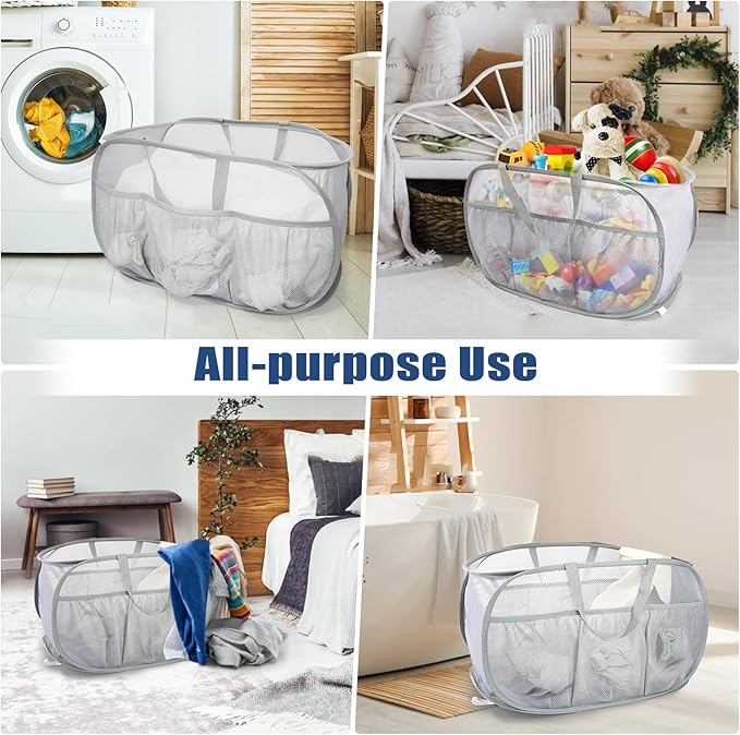 2 Pack Collapsible Laundry Baskets, Upgrade Pop Up Laundry Hamper with Convenient Bags, Foldable Laundry Basket Mesh Light Weight, Easy to Carry Clothes Hampers for Laundry, Dorm, Toys, Travel Grey
