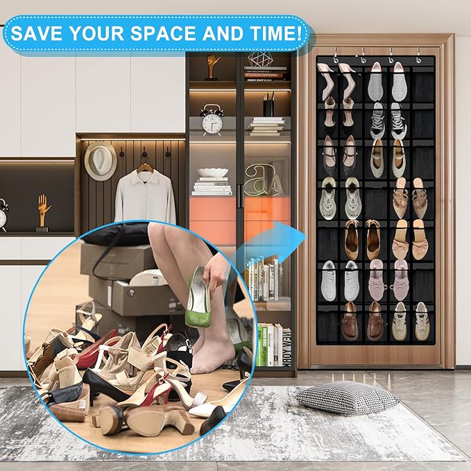 Aheroi 35 Pockets Large Over the Door Organizer, Breathable Mesh Pockets Hanging Shoe Organizer, Black Door Shoe Organizer Mesh Closet Shoe Holder Hanger Holds Up to 40 lbs, Space Saving Shoe Rack