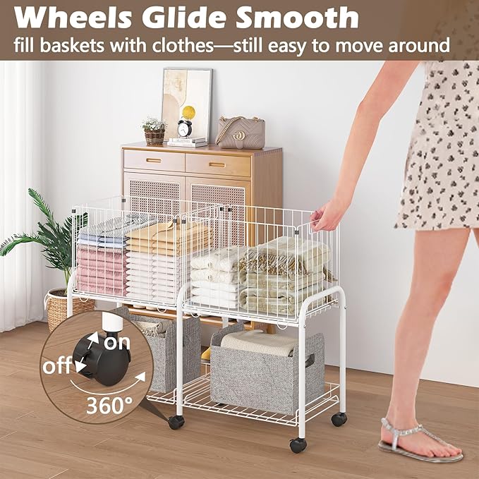 FOLLOWIN Rolling Laundry Cart with Wheels,76L Laundry Hamper Sorter Trolley with Extra Shelf,2 Removeable Collapsible Wire Storage Basket