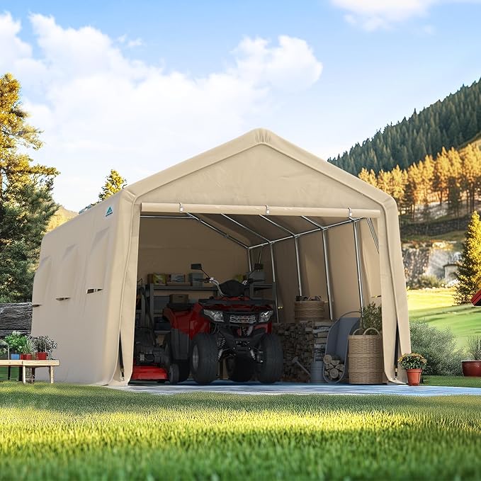 ADVANCE OUTDOOR 13x20 ft Carport 2 Roll up Doors & Vents Outdoor Portable Storage Shelter Garage Tent for Vehicle Boat Truck Anti-UV Snow Resistant Waterproof, Beige