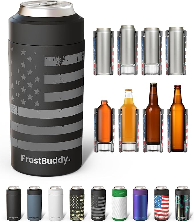 Frost Buddy Universal Can Cooler - Fits All - For Regular 12 & 16 oz or Slim-Size Bottles - Insulated Double-Walled Stainless Steel (Gunmetal Glory)
